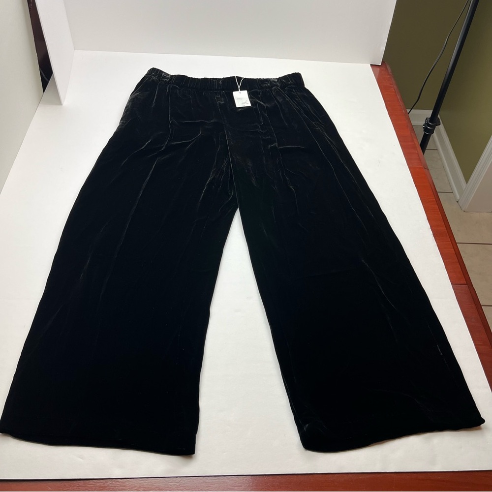 Eileen Fisher Black Silk Velvet Wide Ankle‎ Pleat Pant Womens Size Large NEW